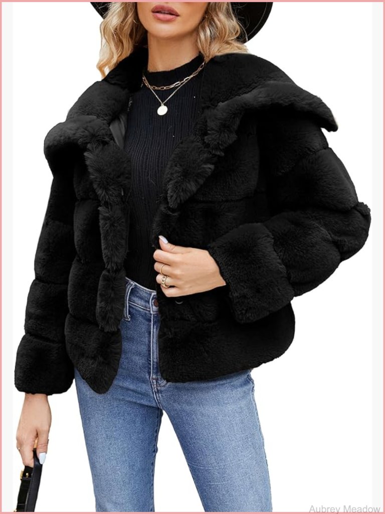 Faux Fur Cropped Jacket Long Sleeve Fluffy Coat Warm Winter Outerwear